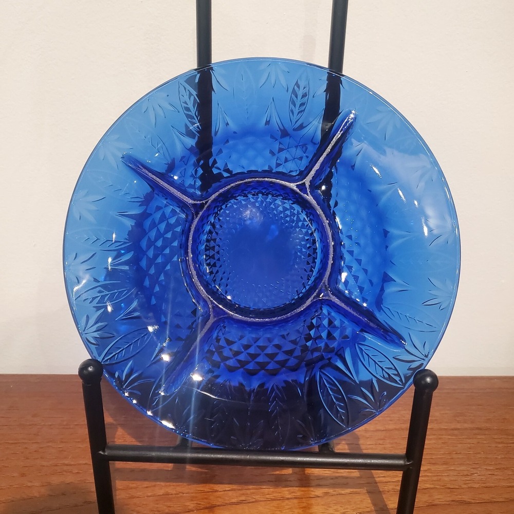 Vintage‎ Avon Royal Sapphire Cobalt Blue Embossed Glass Divided Relish Tray 10"